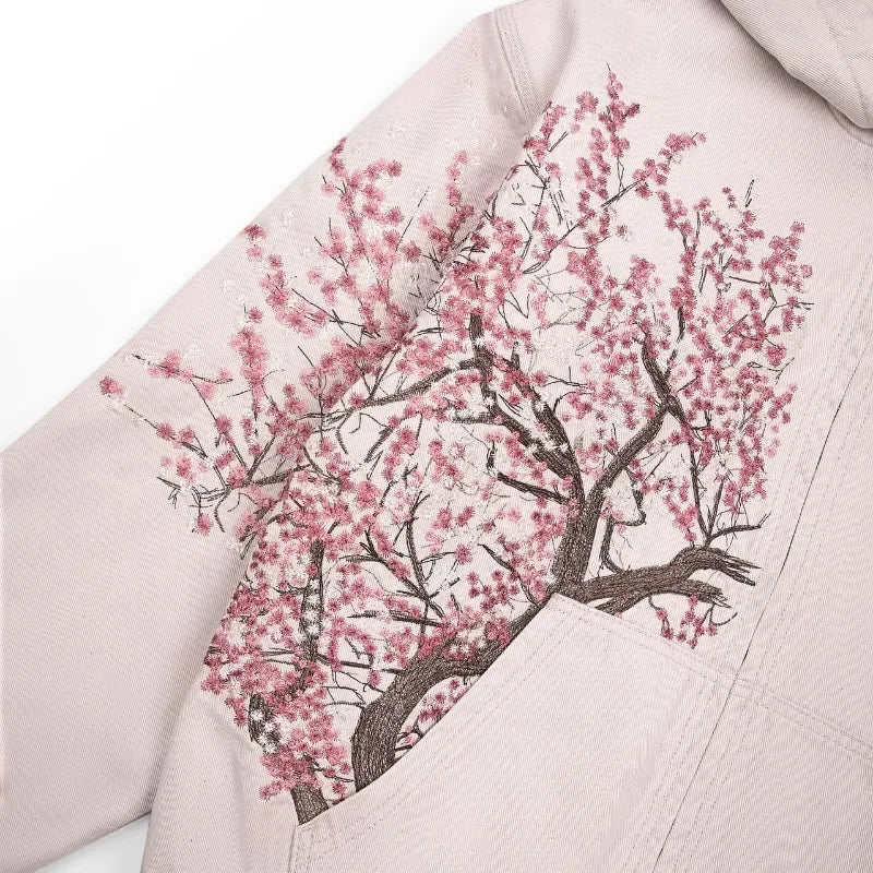 Light pink vintage Y2K hoodie unisex with detailed cherry blossom tree embroidery on sleeve and pocket