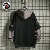 AngShop fall and spring casual hooded sweater with black body and gray sleeves hanging on a grid wall