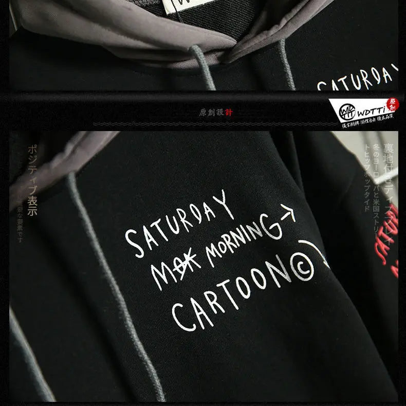 AngShop black fall and spring casual hooded sweater with white Saturday cartoon graphic and grey drawstrings