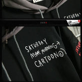 AngShop black fall and spring casual hooded sweater with white Saturday cartoon graphic and grey drawstrings